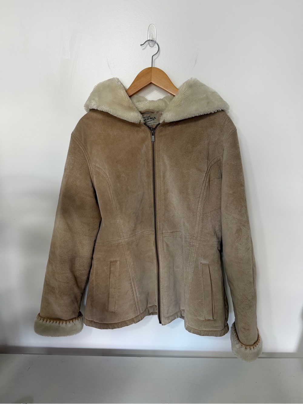 Genuine Pig Suede Leather Shearling Style Hooded Jacket Y2K Penny Lane Coat L